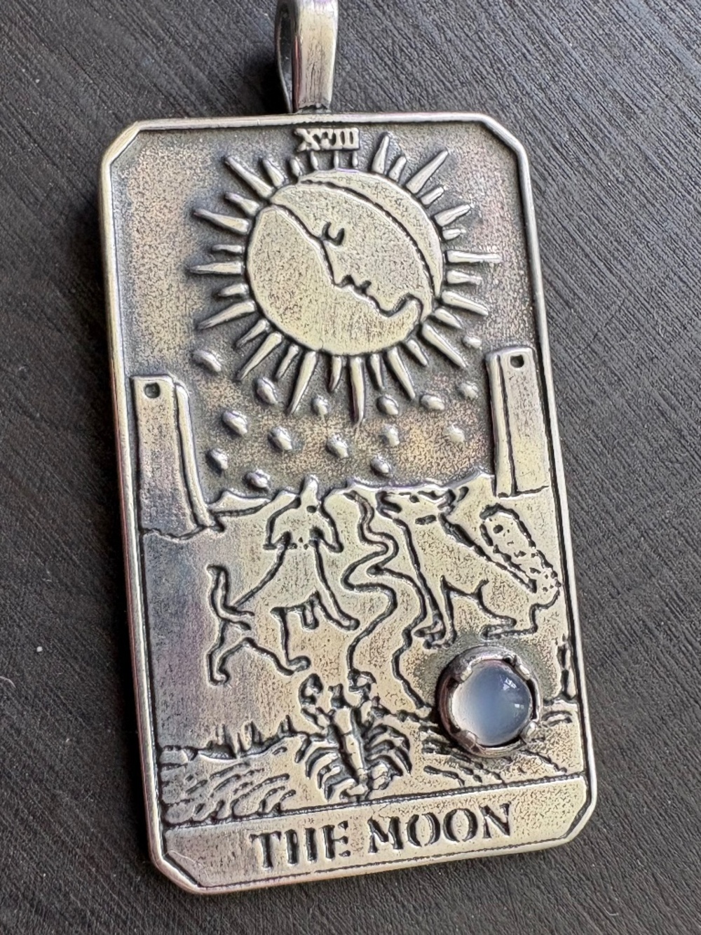 The Moon Tarot Card pendant, sterling silver with White Moonstone (no chain)